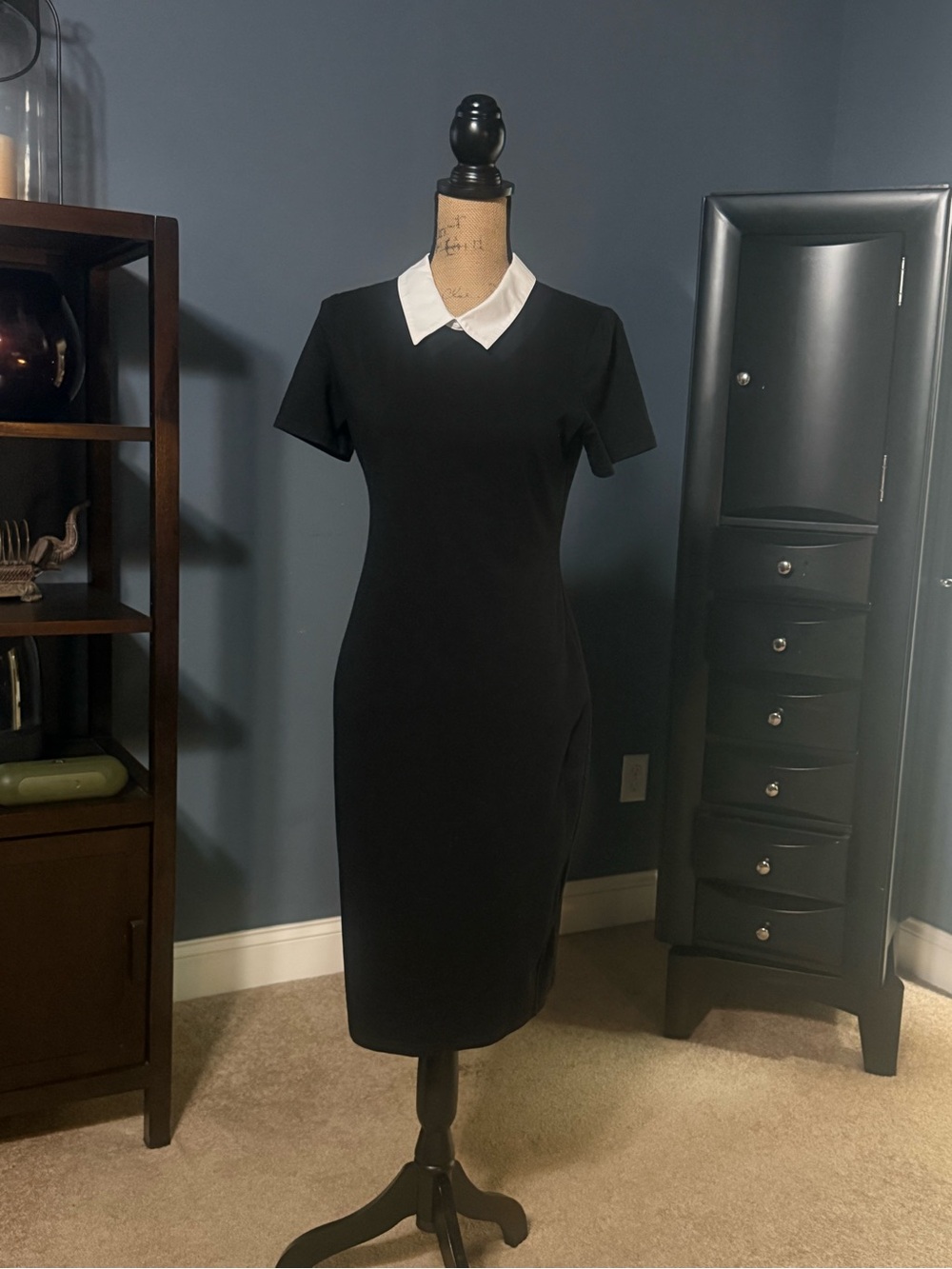 Black Midi Dress with White Collar - Women's Tailored Shift